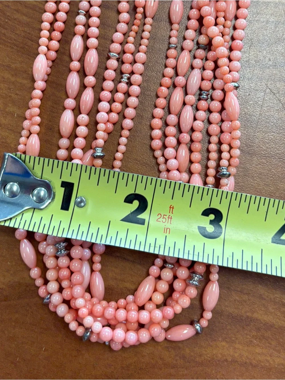 925 Sterling Silver Signed BJ Multi-Strand Salmon Coral Pink Bead Necklace